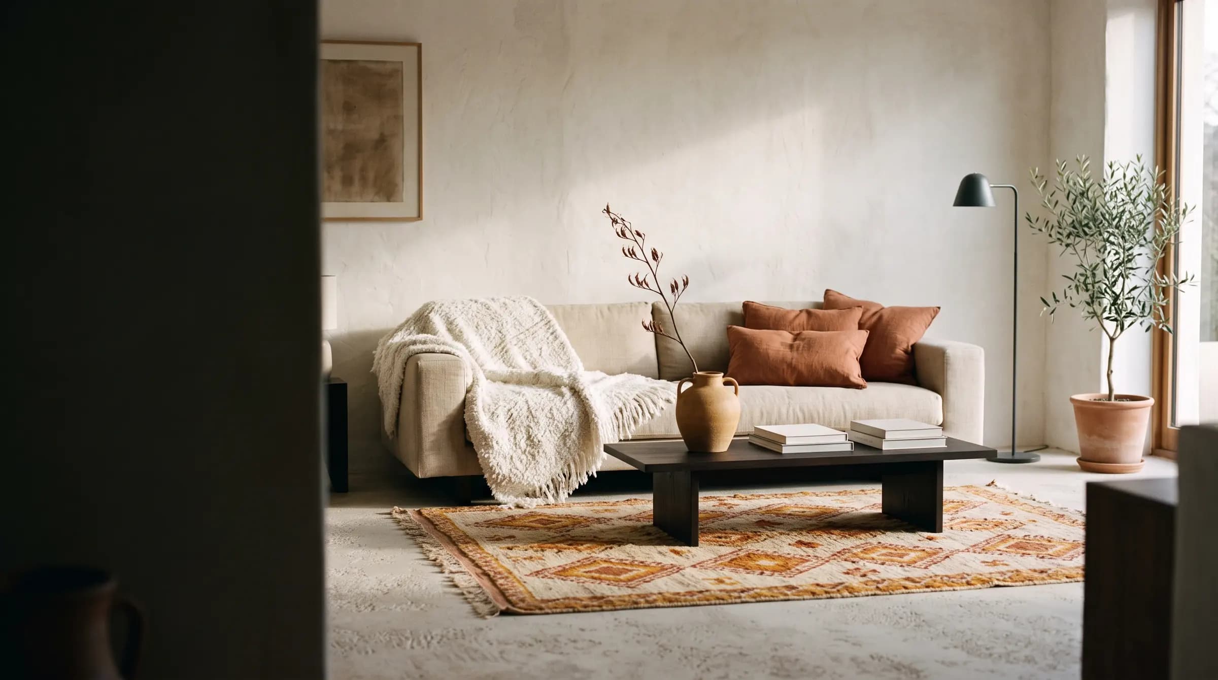 Salon cocooning avec tapis berbère coloré, plaid en laine et coussins terracotta
