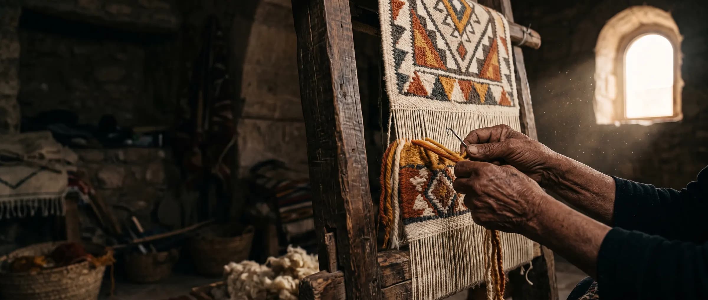 Artisan tunisien tissant un tapis berbère aux motifs ocre et terracotta dans son atelier