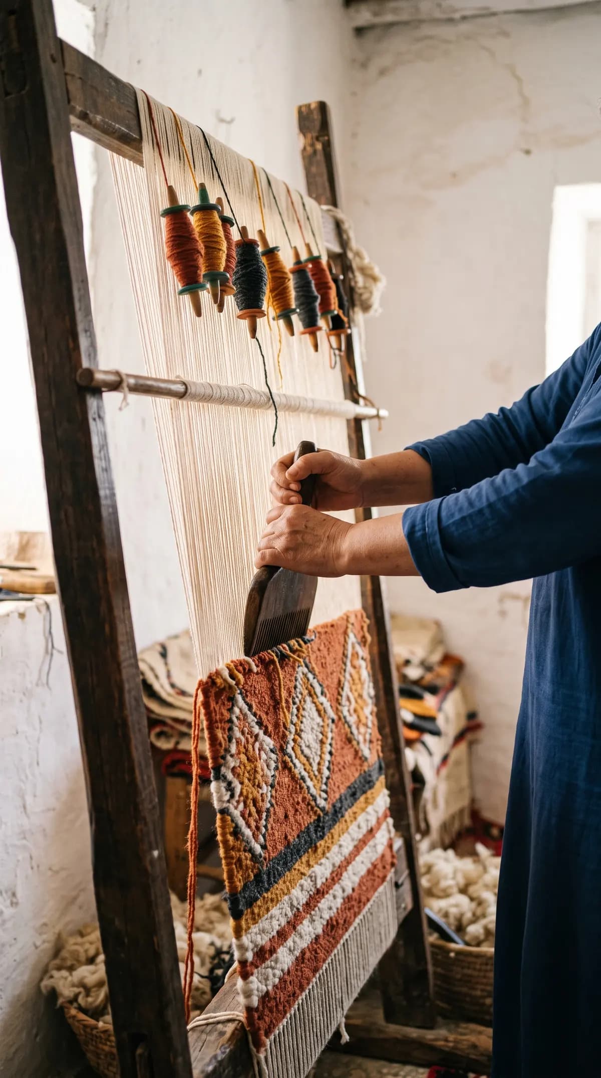 Artisane tissant un tapis berbère coloré sur un métier à tisser vertical traditionnel, Tunisie