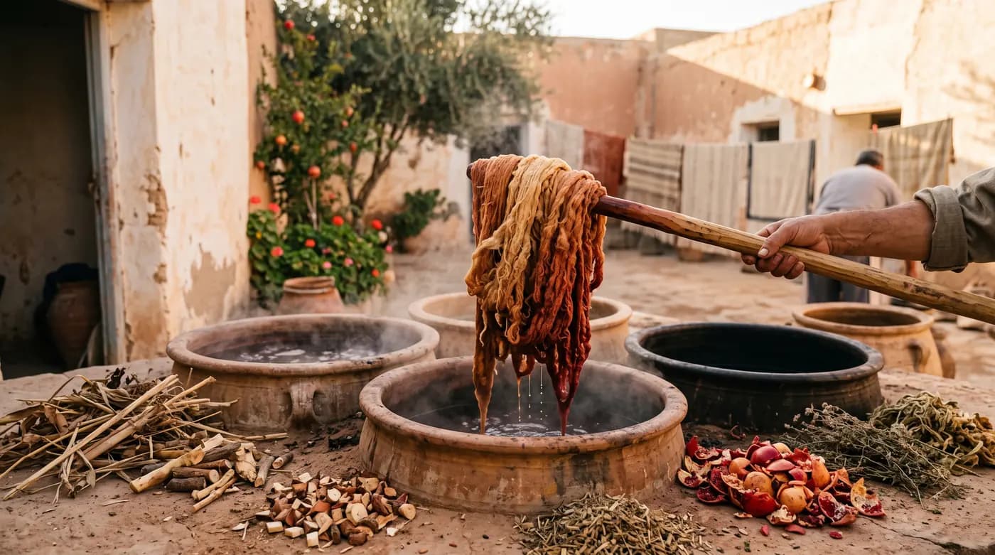 Bains de teinture végétale et laine teinte à l’ocre dans une cour d’atelier, Nabeul