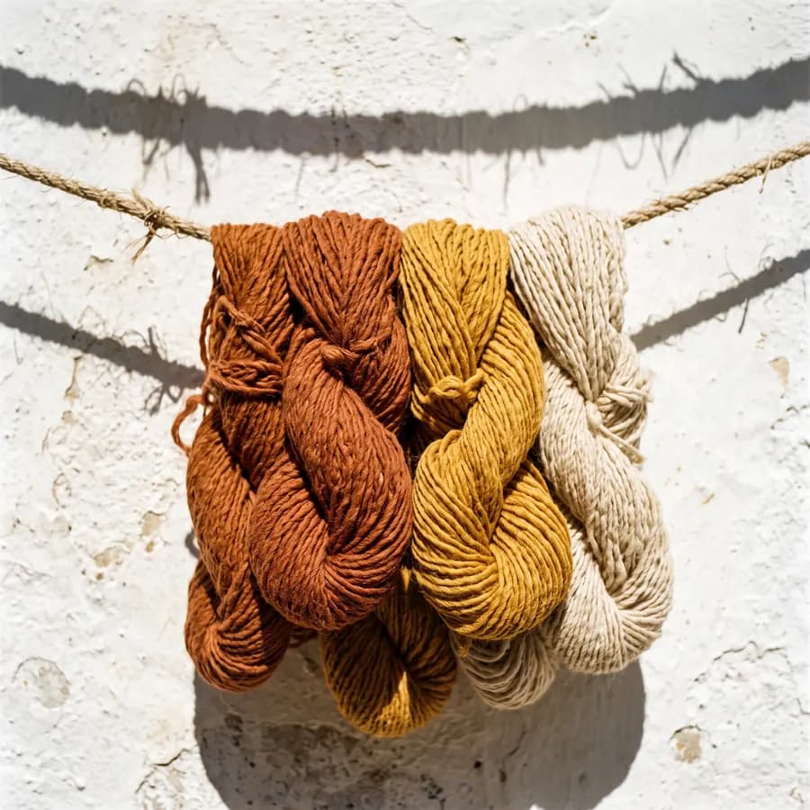 Écheveaux de laine vierge teints en terracotta, ocre et écru séchant au soleil