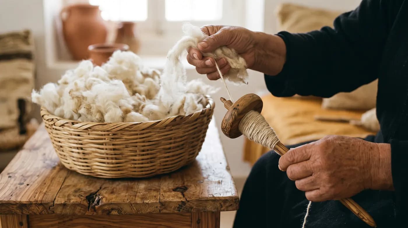 Filage à la main de la laine vierge sur un fuseau en bois, Djerba
