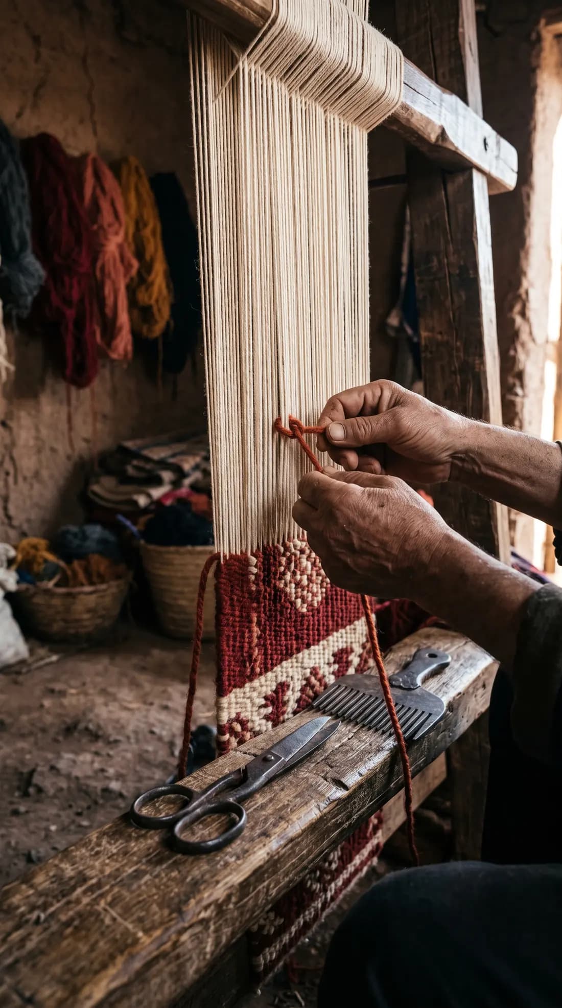 Mains nouant la laine sur un métier à tisser vertical, atelier de Kairouan
